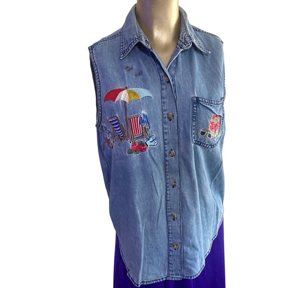 Vintage Solutions NY Embroidered Beach Denim Sleeveless Top Medium